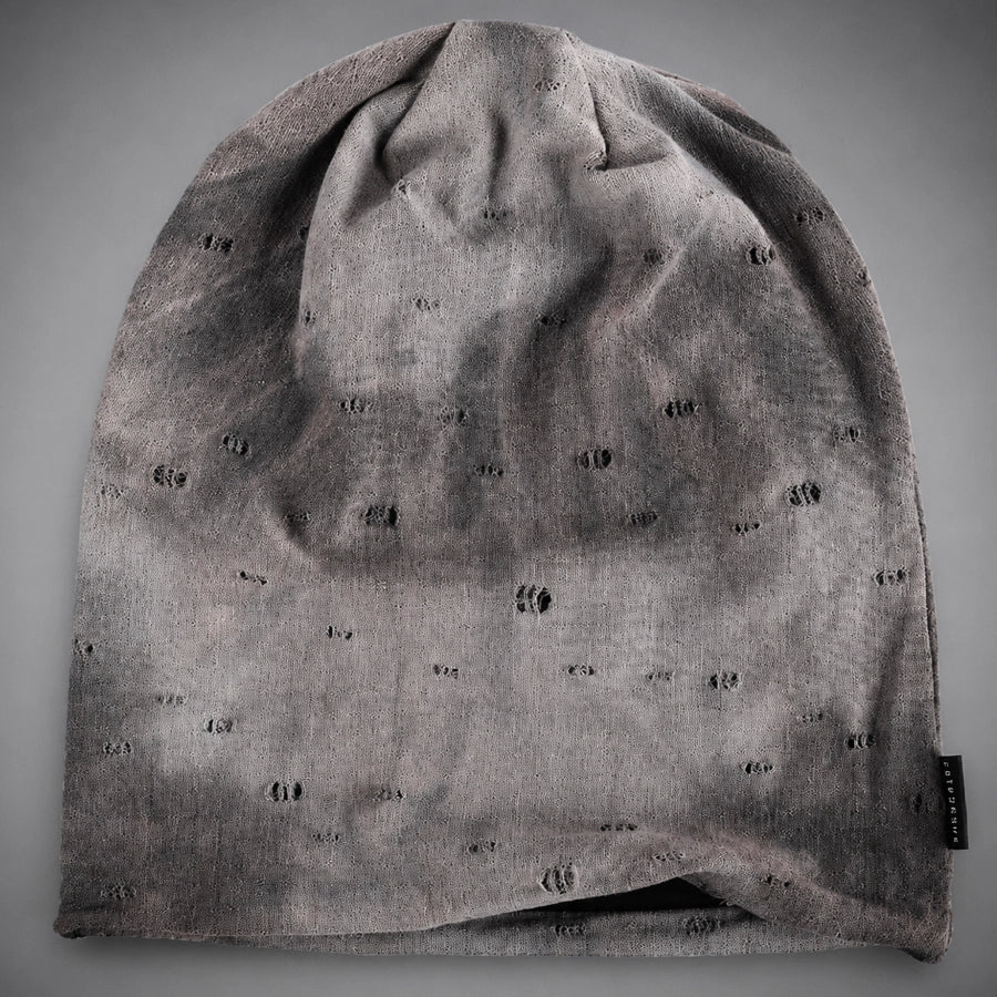 Light grey distressed oversized beanie hat with loose slouch fit, breathable stretch fabric and easy unisex styling