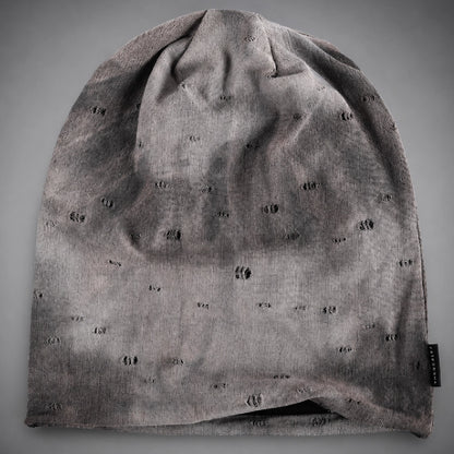 Light grey distressed oversized beanie hat with loose slouch fit, breathable stretch fabric and easy unisex styling