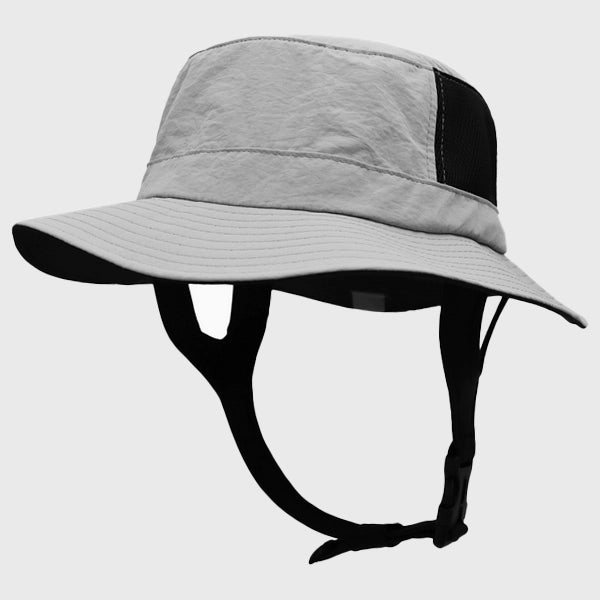 Light grey surf bucket hat with UPF 50+ UV protection, offering sun protection for outdoor activities like surfing, fishing, and hiking.