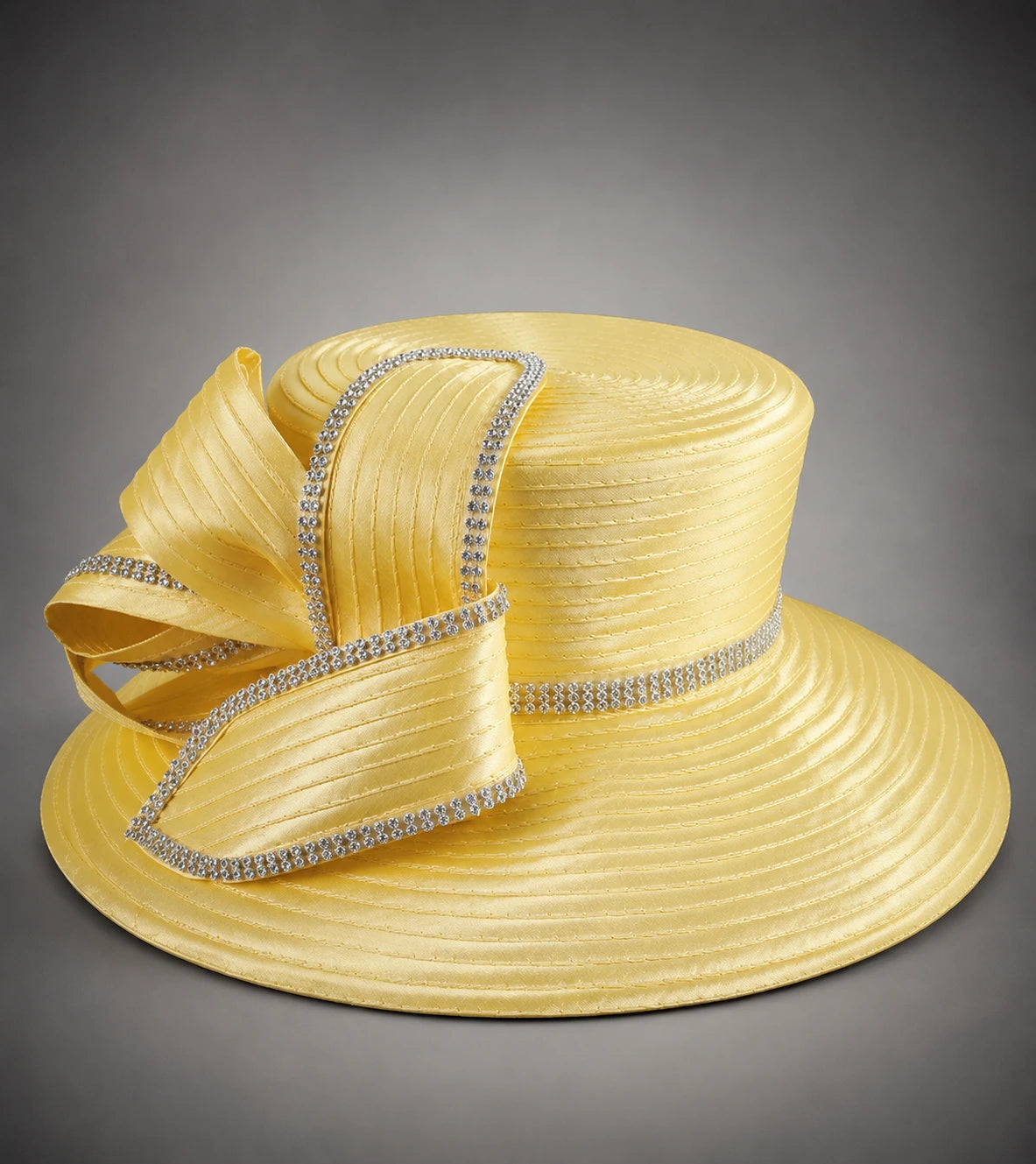 Light yellow luxury church hat wide brim rhinestone ribbon elegant style