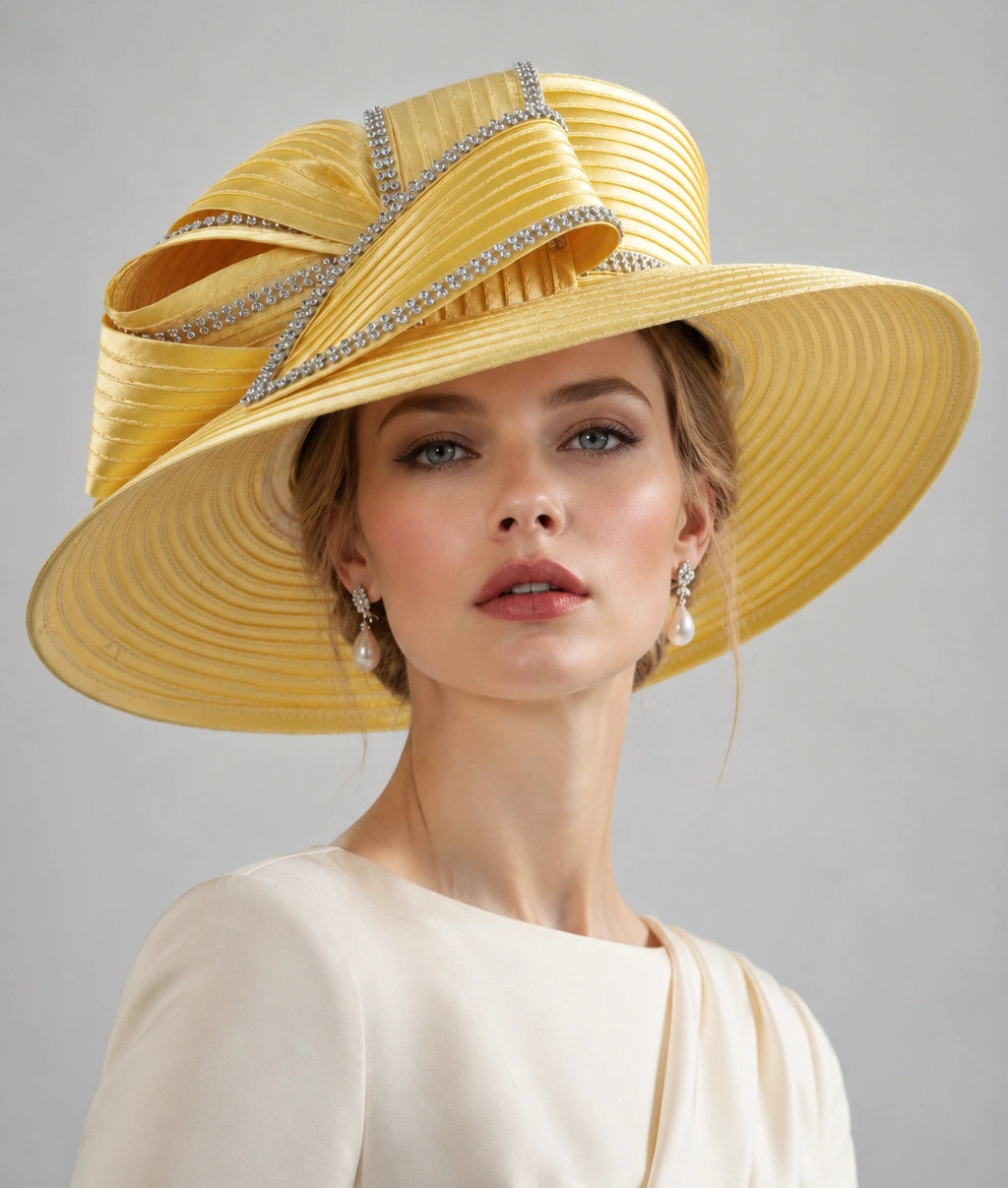 Woman wearing light yellow church hat elegant Sunday service fashion portrait