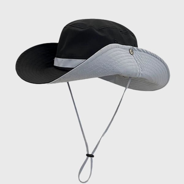 Black lightweight bucket hat with UV protection, ideal for outdoor camping, quick-dry fabric, and chin strap.
