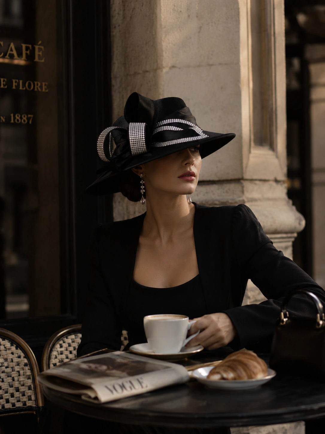Elegant woman wearing luxury black church hat with rhinestone details in upscale cafe setting
