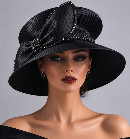 Luxury black church hat on fashion model featuring satin ribbon and rhinestone embellishments, sophisticated women’s formal occasion hat