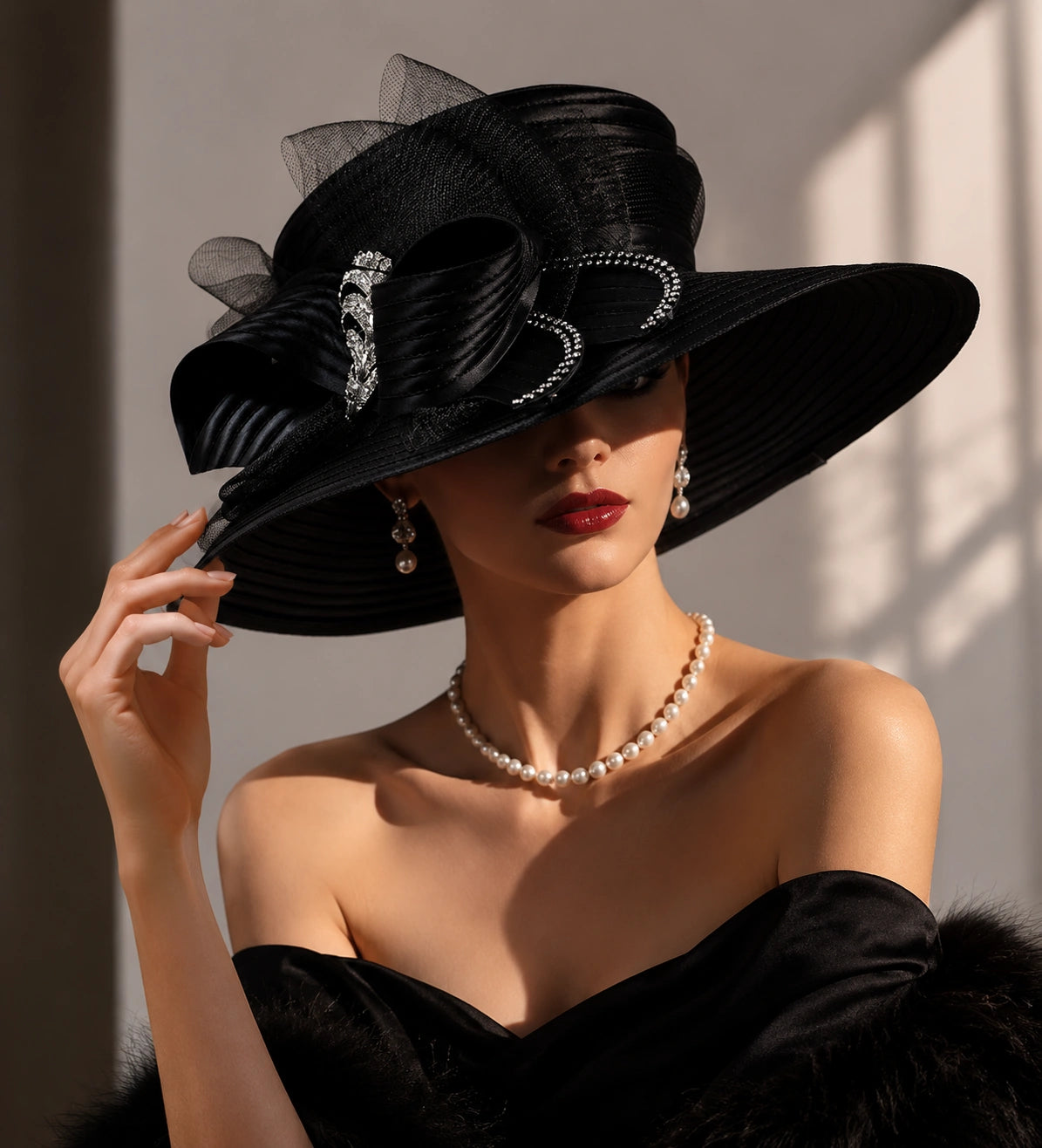 Luxury black church hat worn by elegant woman with pearl jewelry, sophisticated wide brim Sunday hat for church and formal occasions