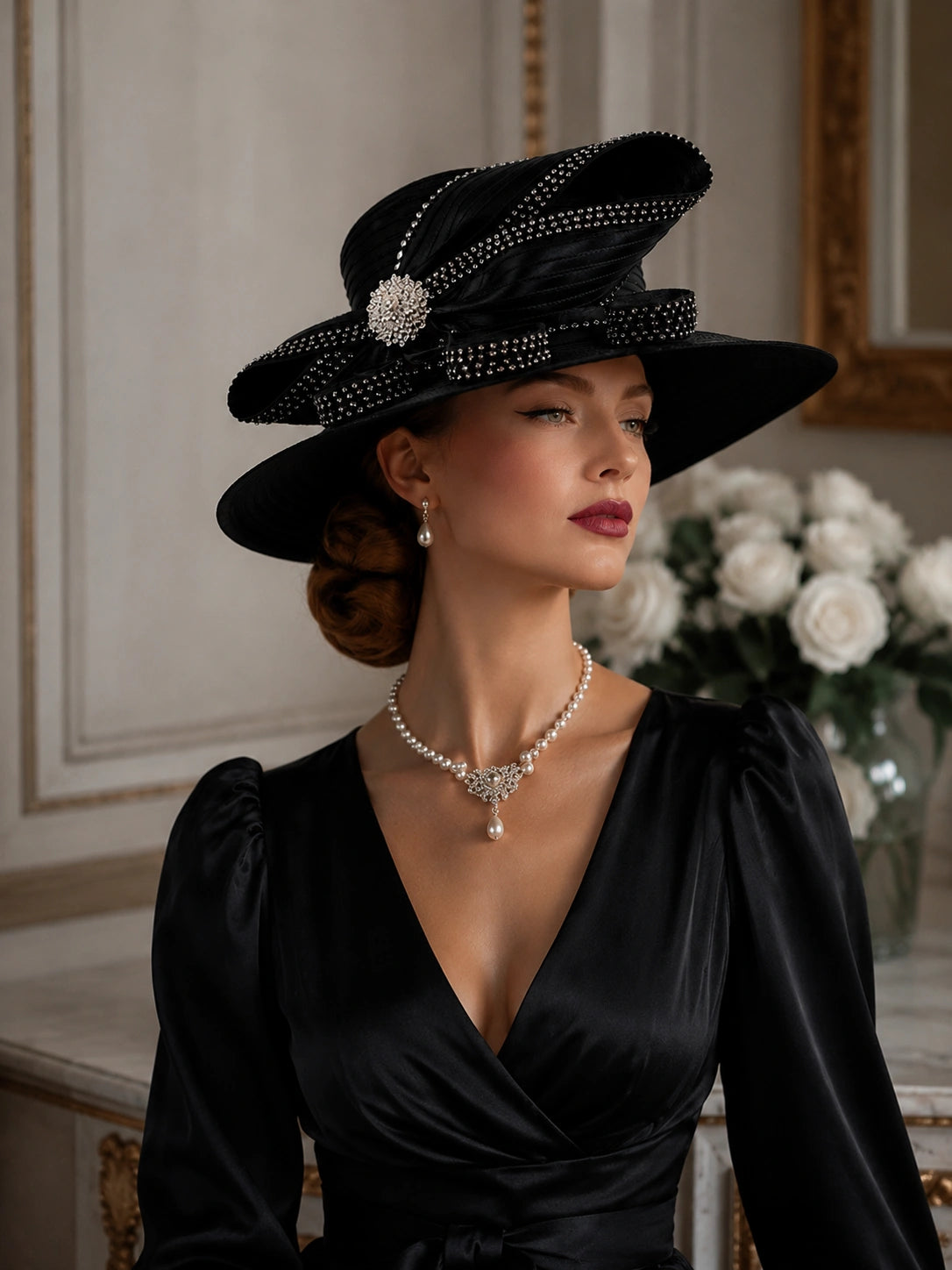 Luxury black formal church hat styled with satin dress and pearl accessories for elegant women’s Sunday fashion