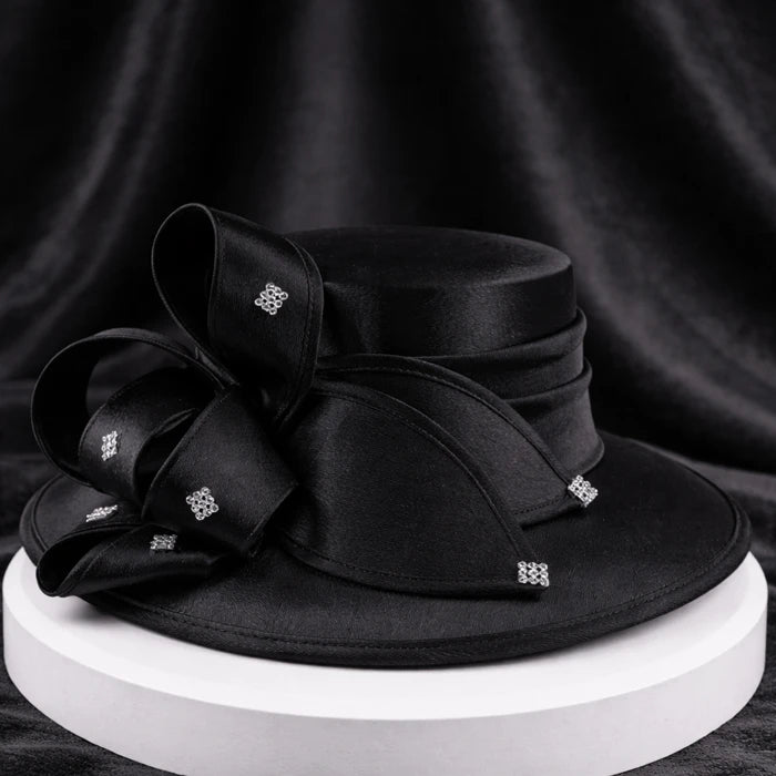 Luxury black satin church hat adorned with crystal embellishments, ideal for church services and special occasions.