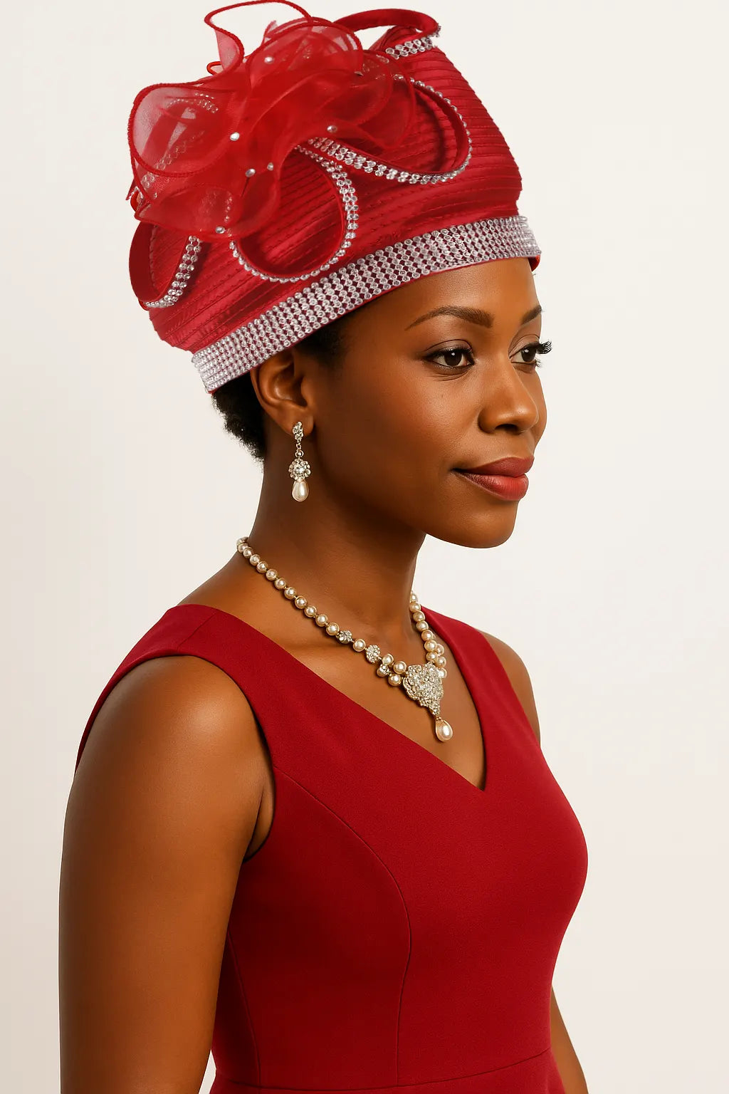 Stunning red satin pillbox hat featuring crystal floral decoration, perfect for bridal events, weddings, tea parties, or other elegant occasions. A designer hat with luxury appeal.