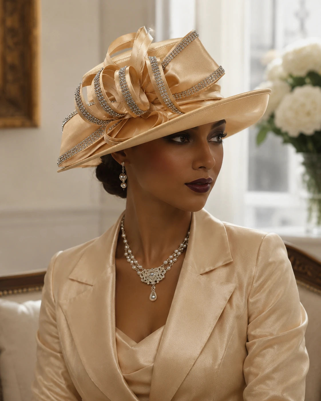 Luxury champagne church hat worn with elegant formal outfit, sophisticated women’s hat for weddings, church and tea party events