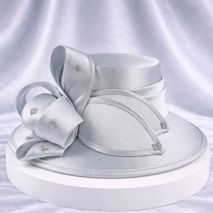 Luxury grey satin church hat with beautiful crystal accents, perfect for formal gatherings and special events.
