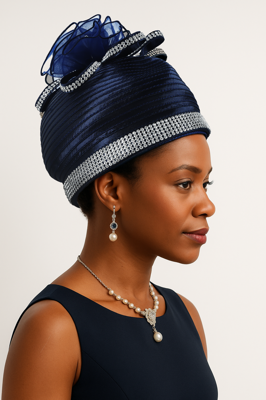 Beautiful navy blue satin pillbox hat with crystal flower details, ideal for formal weddings, church services, or tea parties. A vintage-inspired luxury hat with crystal embellishments.