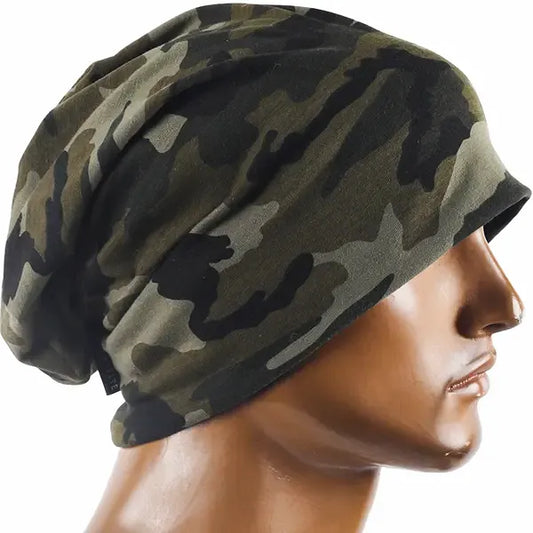 Military green camouflage slouch beanie hat side view, lightweight cotton beanie with relaxed baggy style