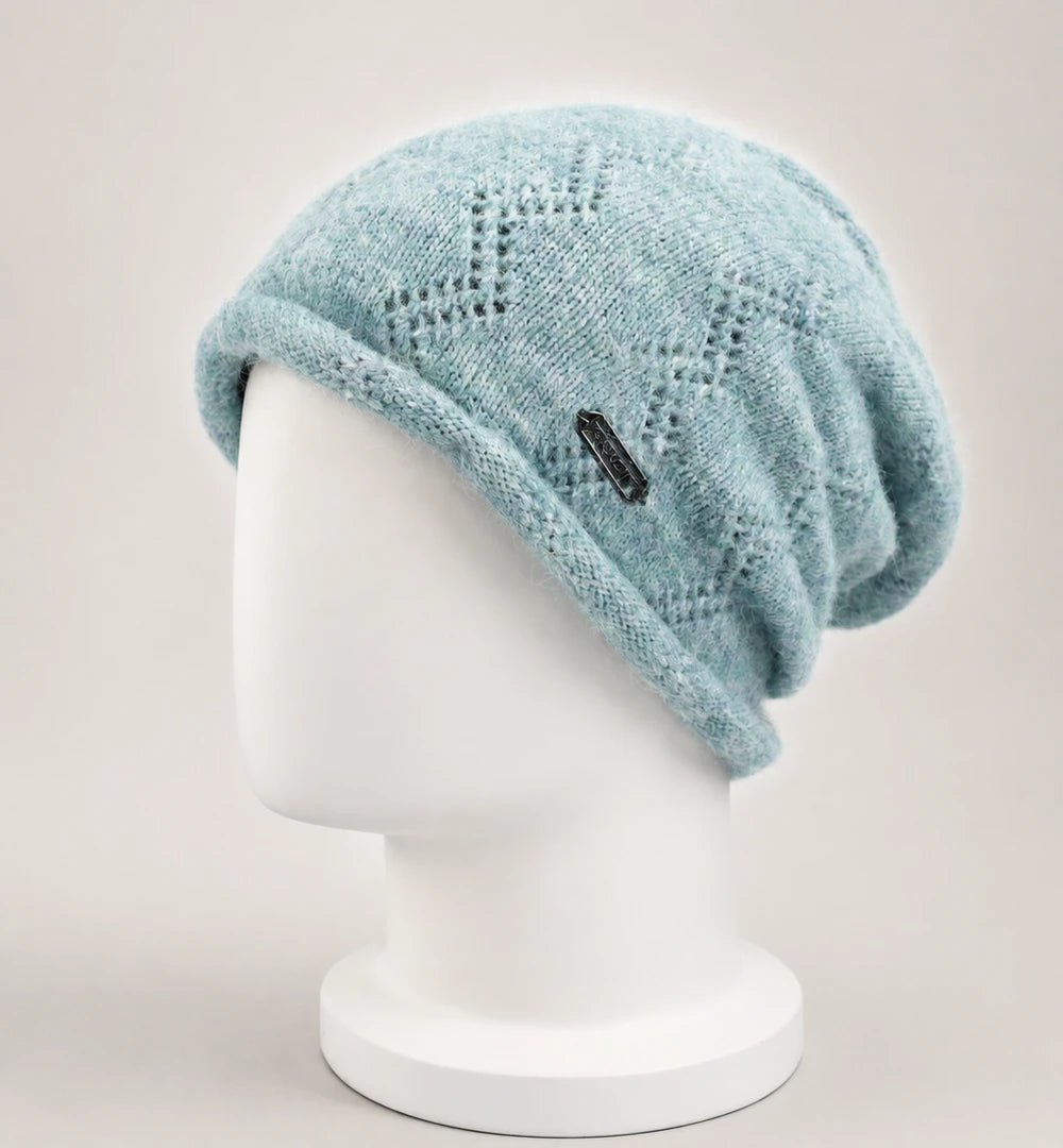 Mint green fleece-lined slouchy beanie showing rear drape