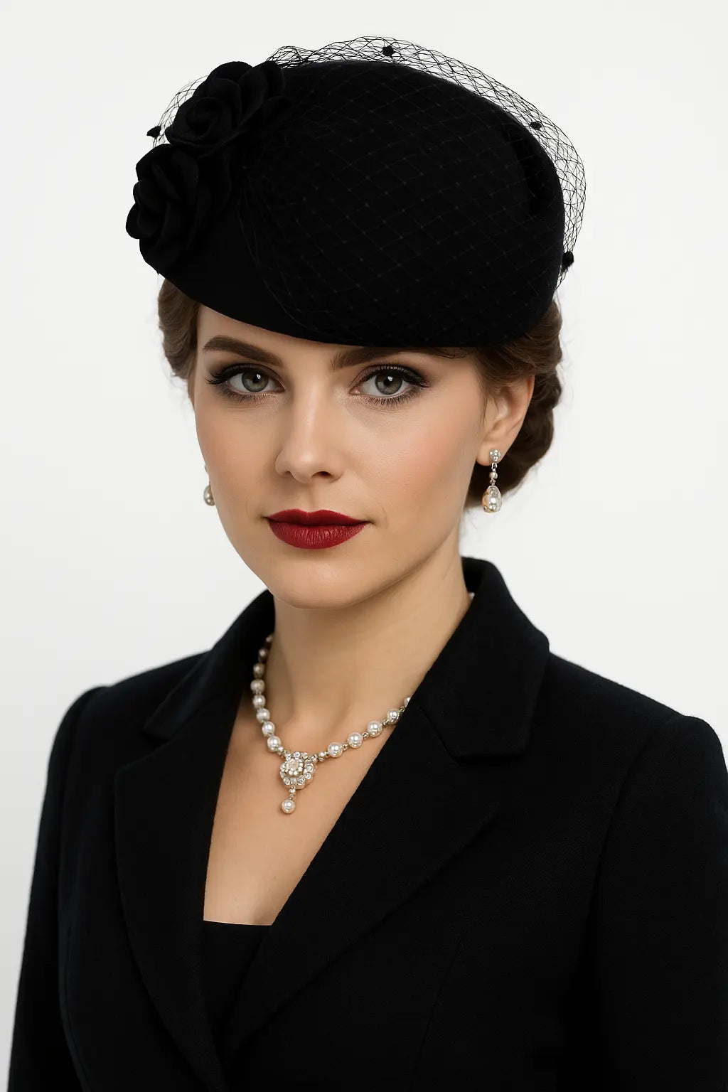 Woman in black outfit wearing elegant rose fascinator church hat