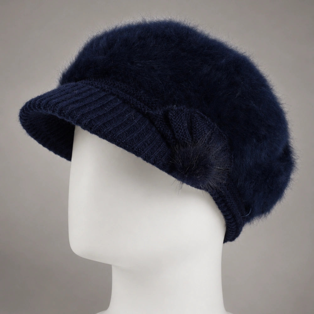 Navy blue women’s angora-blend knit visor beanie with fixed side detail