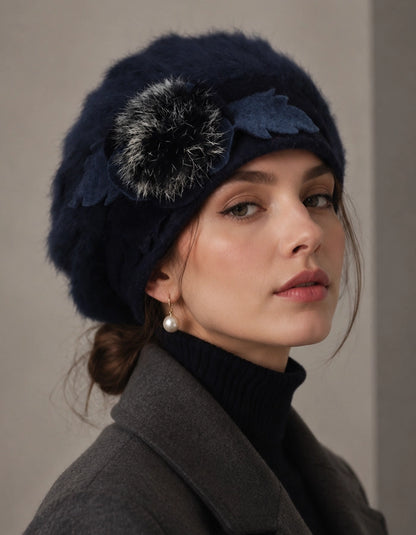 Navy blue angora wool beret with flower accent for classic winter fashion