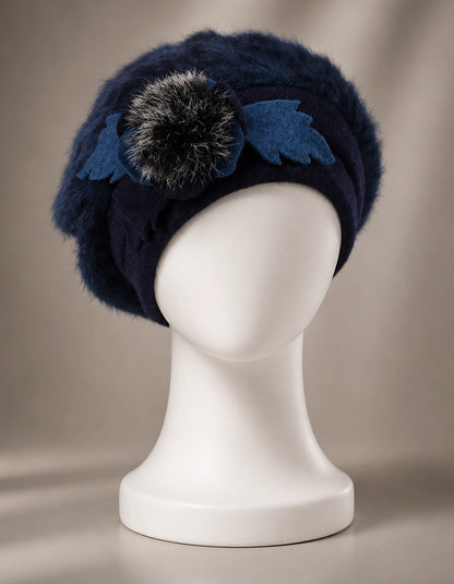 Navy blue angora wool beret hat with flower detail for women winter fashion