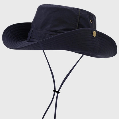 Navy blue boonie hat with wide brim and breathable fabric, adjustable chin strap for sun protection during hiking, fishing, or travel.