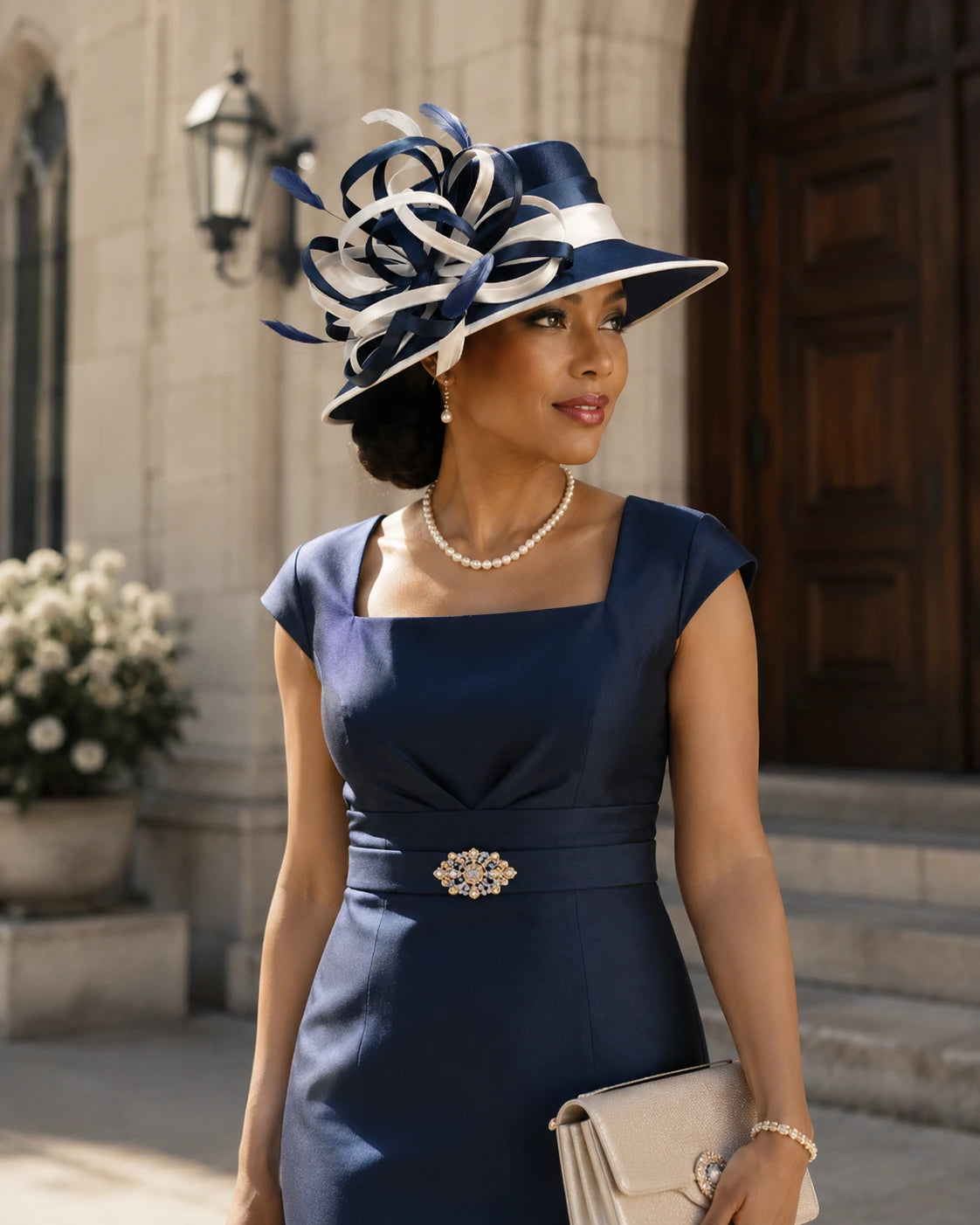 Elegant woman wearing navy blue and white church hat outside church, sophisticated formal hat for Sunday service, weddings and special occasions