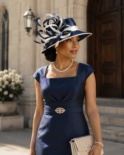 Elegant woman wearing navy blue and white church hat outside church, sophisticated formal hat for Sunday service, weddings and special occasions