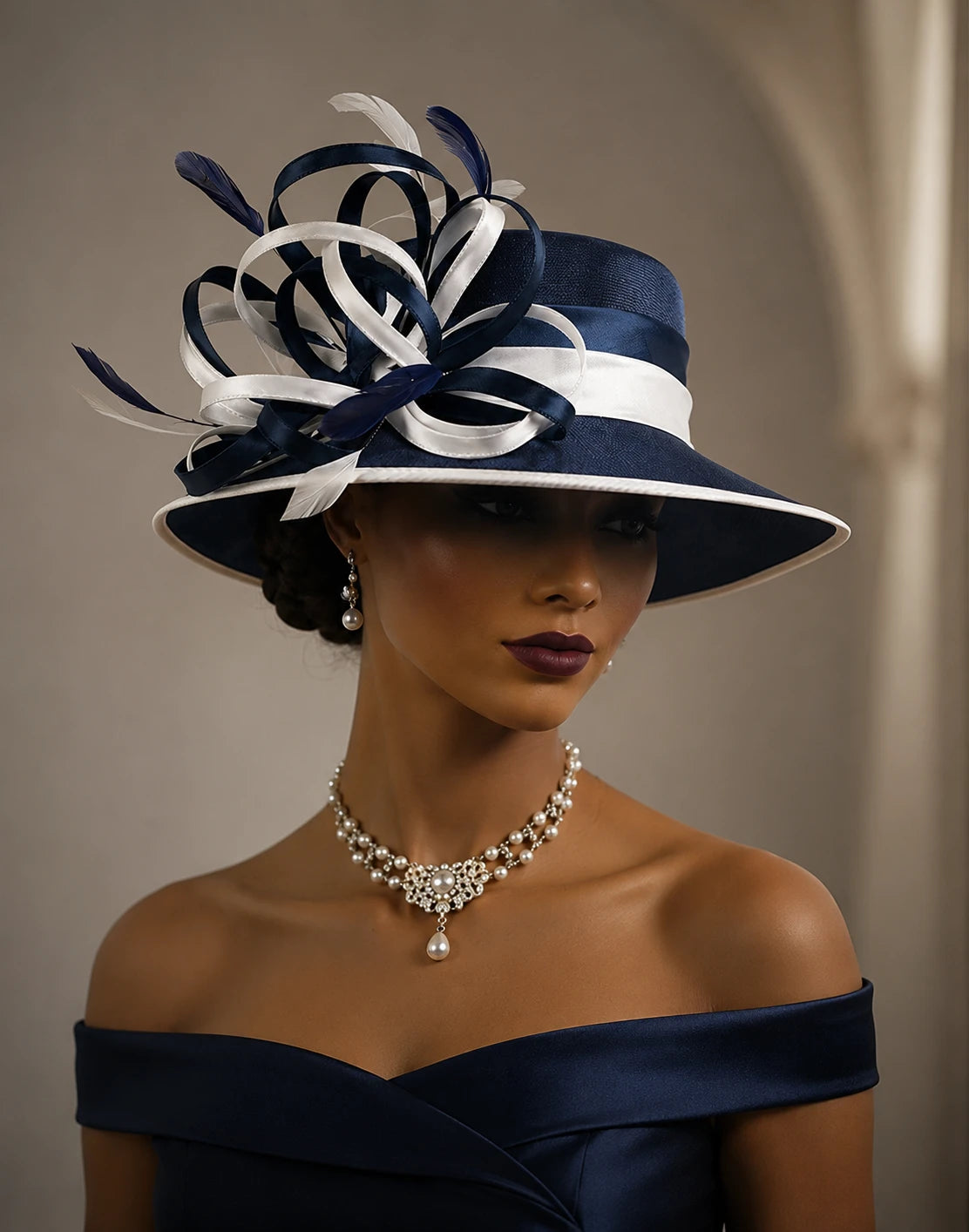 Luxury navy blue church hat with white ribbon loops and feather accents worn by fashion model, elegant women’s formal occasion hat