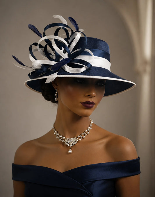 Luxury navy blue church hat with white ribbon loops and feather accents worn by fashion model, elegant women’s formal occasion hat
