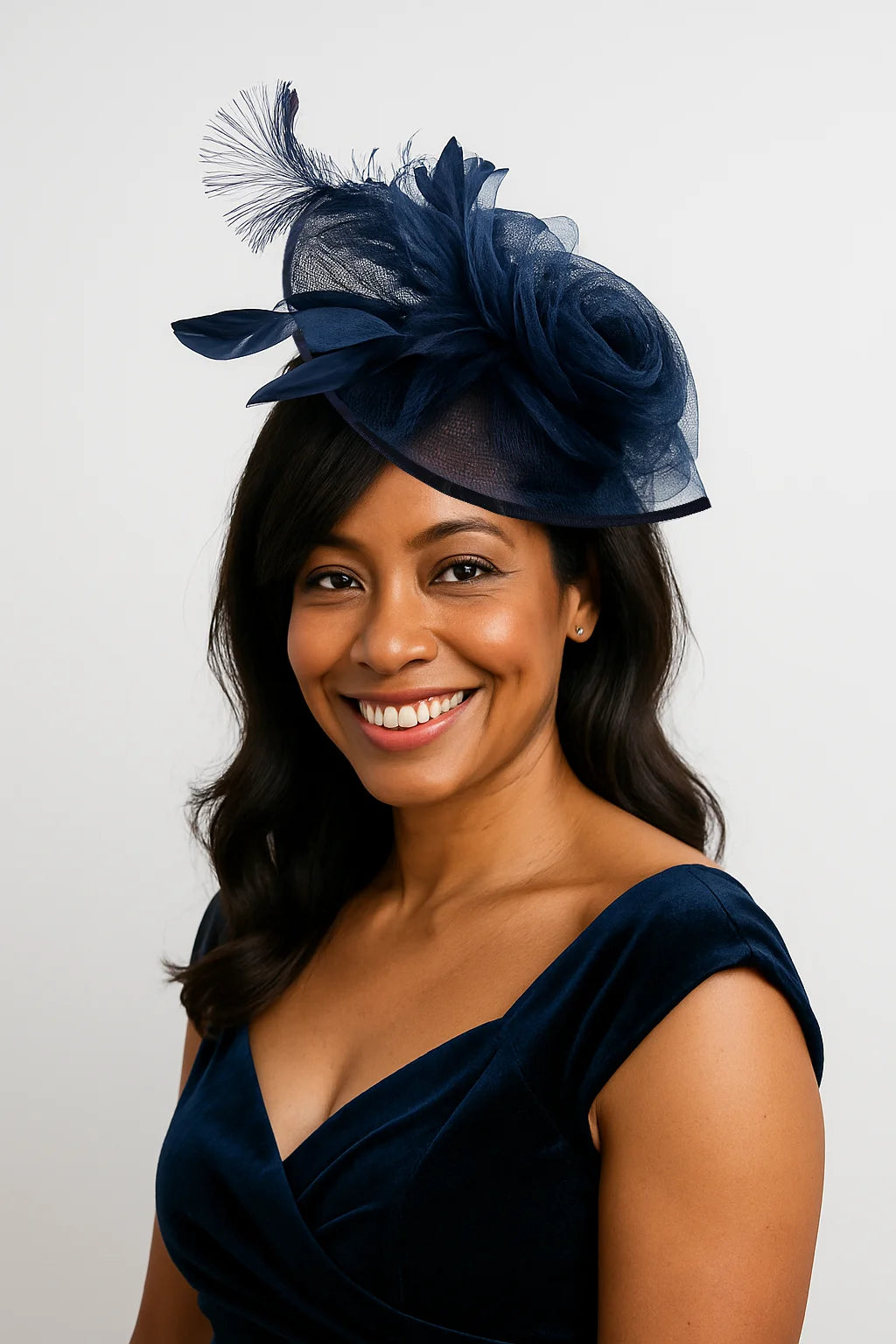 Elegant navy blue fascinator hat by FORBUSITE, perfect for weddings, tea parties, or formal events, featuring decorative mesh and feathers