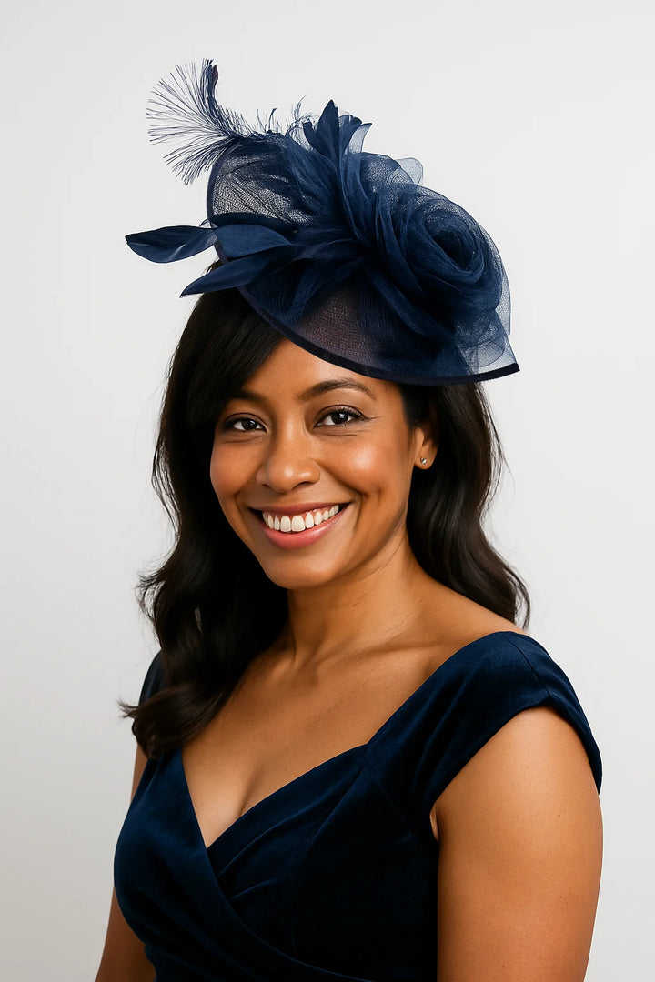Elegant navy blue fascinator hat by FORBUSITE, perfect for weddings, tea parties, or formal events, featuring decorative mesh and feathers