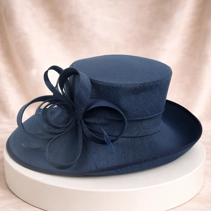 Navy blue formal church hat with intricate flower design, perfect for church services and upscale events