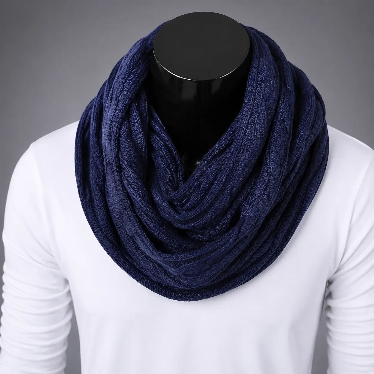 Navy blue knit infinity scarf for men and women, soft warm winter loop scarf, stylish unisex scarf for casual and cold weather outfits