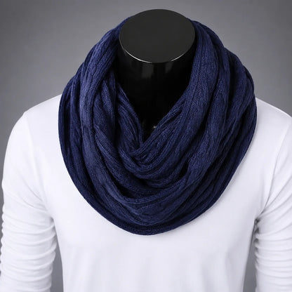 Navy blue knit infinity scarf for men and women, soft warm winter loop scarf, stylish unisex scarf for casual and cold weather outfits