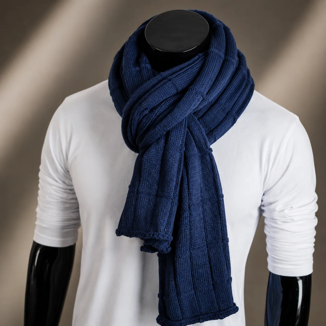 Navy blue knit scarf for men and women, soft warm winter essential scarf, designed for cold weather layering, everyday comfort and minimalist winter fashion styling