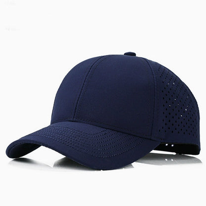 Navy blue quick-dry casual baseball cap, breathable fabric with perforated panels, perfect for casual wear and active outdoor activities.