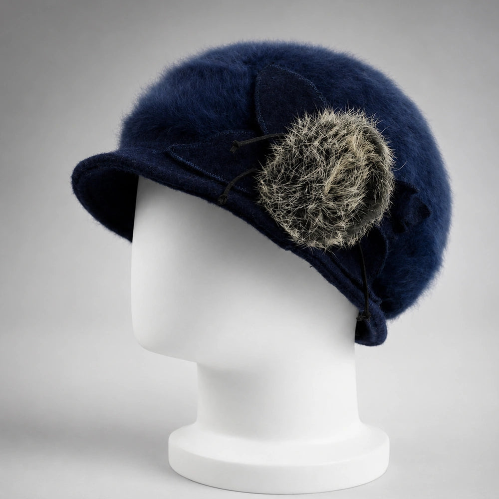 Navy blue women’s Angora cloche hat with wool petals and rabbit-fur pom