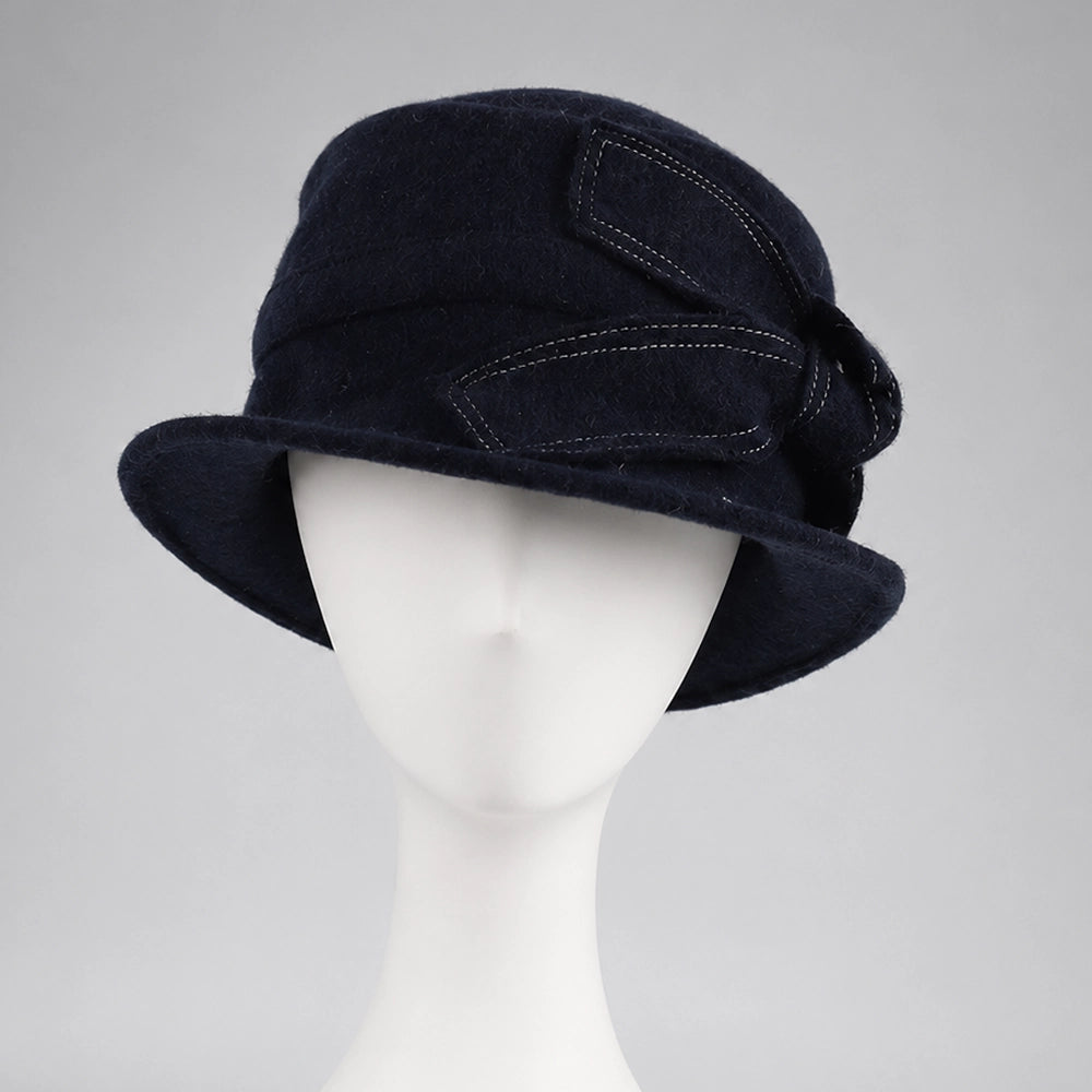 Navy blue wool felt cloche hat with fixed side bow detail