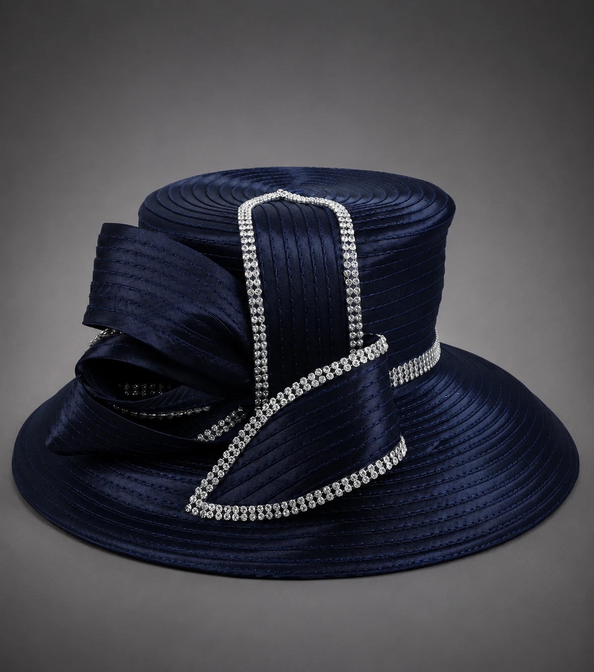 Navy blue luxury church hat wide brim rhinestone ribbon elegant Sunday style