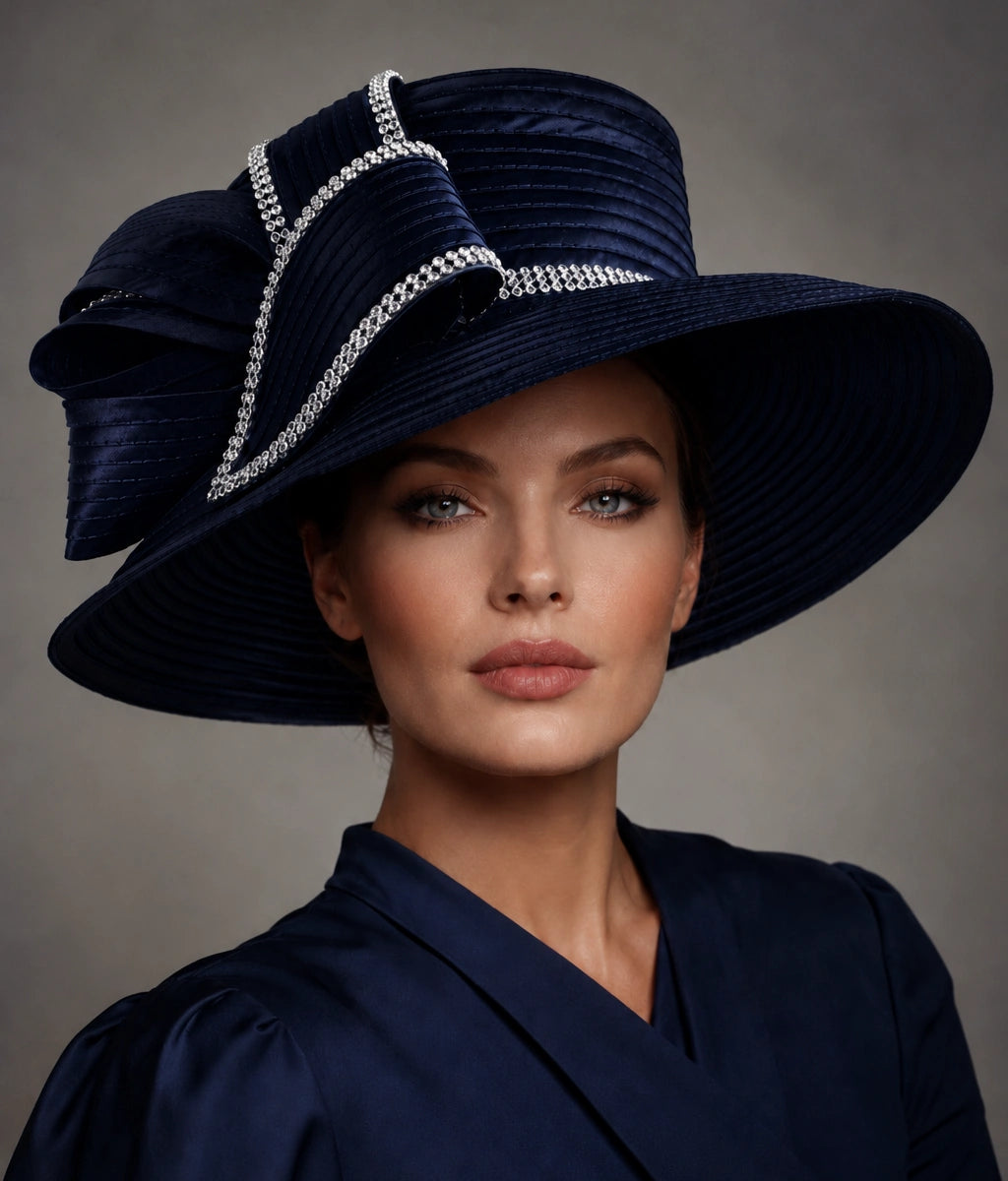 Woman wearing navy blue church hat elegant luxury Sunday outfit portrait