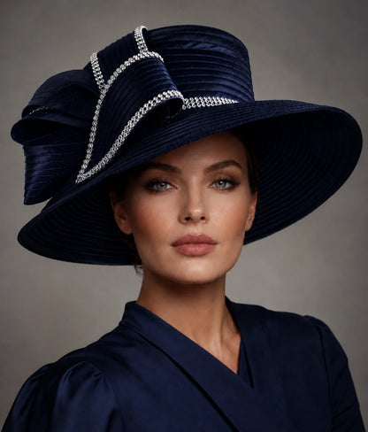 Woman wearing navy blue church hat elegant luxury Sunday outfit portrait