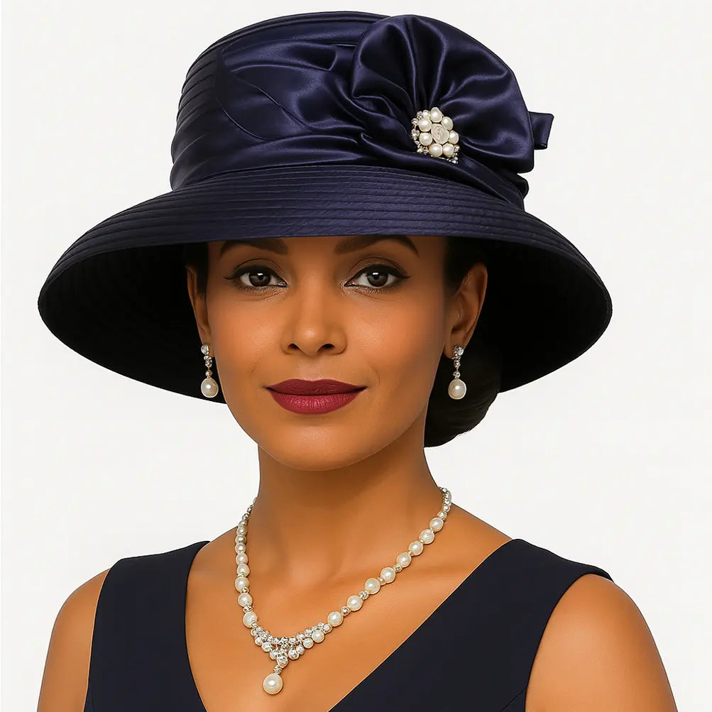 Navy blue satin church hat with pleated brim and pearl flower for formal occasions