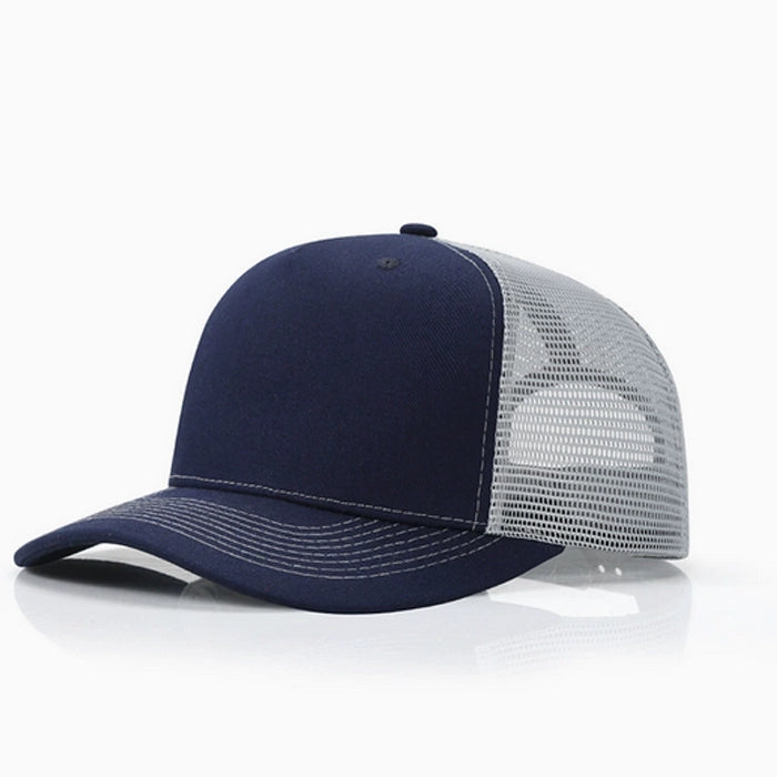 Navy and grey trucker cap with breathable mesh back for a fresh and modern look.