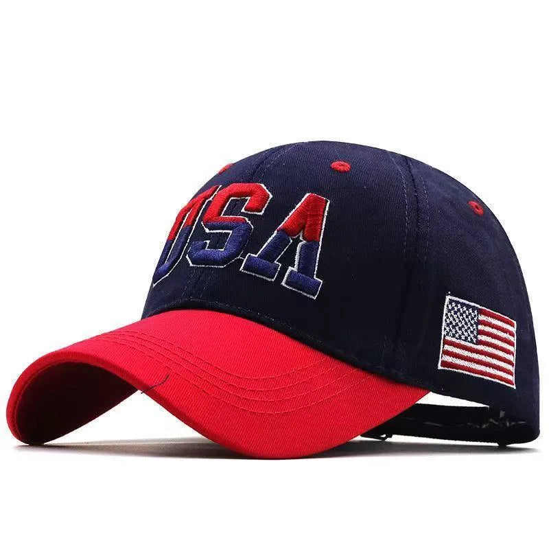 Navy and red USA baseball cap with American flag patch, sporty streetwear look