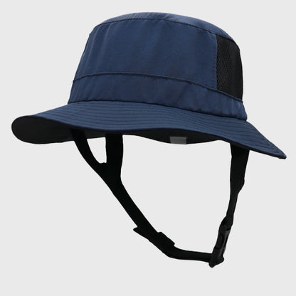Navy surf bucket hat with UPF 50+ UV protection, perfect for men and women. Provides essential sun protection during surfing, hiking, and beach fun.