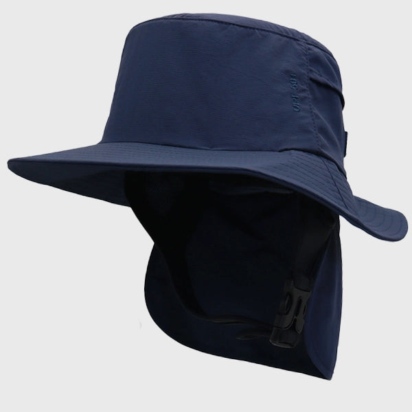 Navy blue surf cap with UPF 50+ UV protection, designed for hiking, surfing, and water activities. Adjustable chin strap ensures a secure fit.