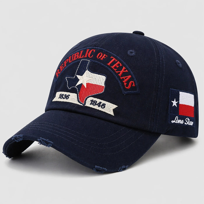 Navy Texas Republic Baseball Cap with 1836-1845 Embroidered Texas Flag, Lone Star Patch