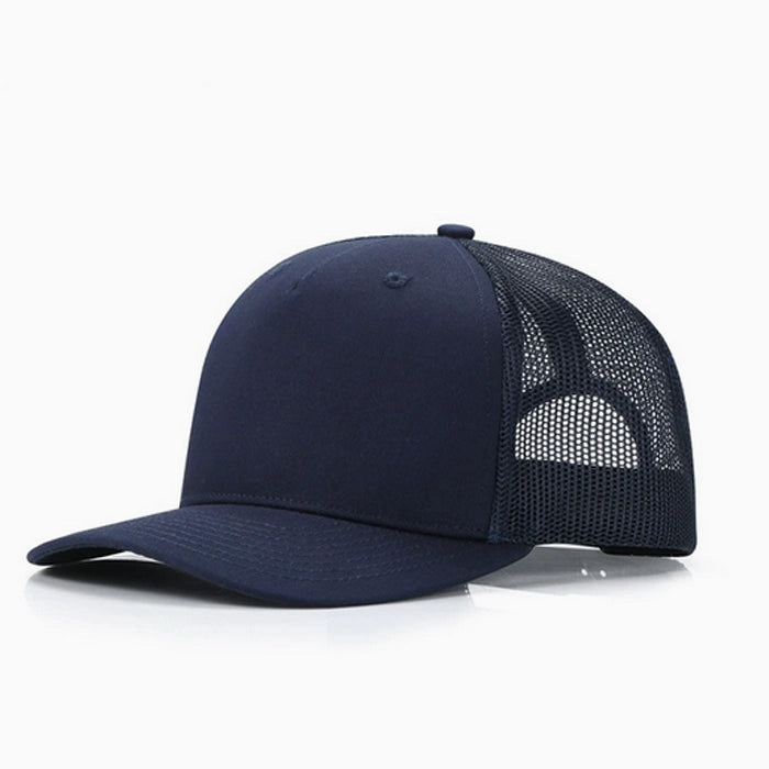 Navy blue trucker cap with mesh back, ideal for a comfortable and cool fit.