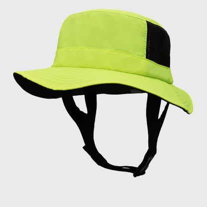Neon green surf bucket hat with UPF 50+ UV protection, offering superior sun protection for men and women during water sports and beach activities.