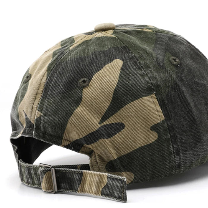 Back view of an olive camo baseball cap with adjustable strap, perfect for everyday wear and outdoor adventures.