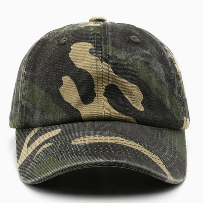 Front view of an olive camo baseball cap, designed for casual wear and outdoor activities, offering a stylish and comfortable fit.