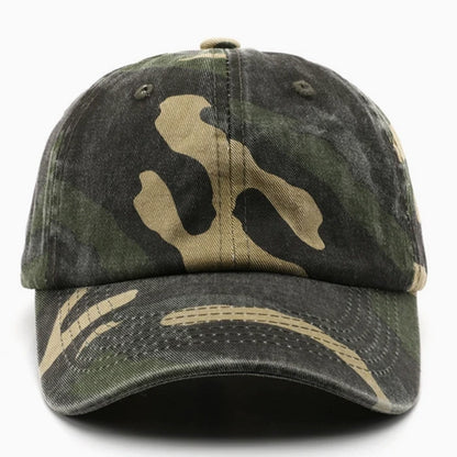 Front view of an olive camo baseball cap, designed for casual wear and outdoor activities, offering a stylish and comfortable fit.