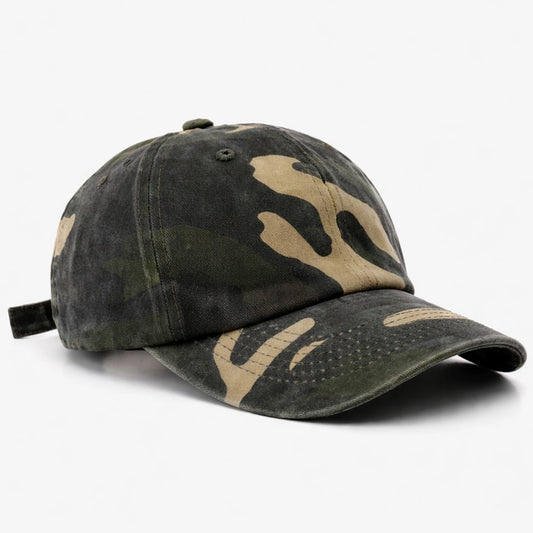 Military-style olive camo baseball cap, perfect for casual wear, outdoor activities, and street fashion.